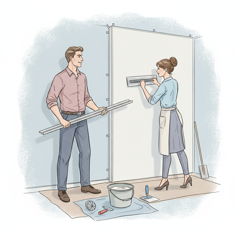 Процесс самостоятельного выравнивания стены гипсовой штукатуркой по маякам с использованием правила и шпателя для создания идеально ровной поверхности в квартире во время ремонта.