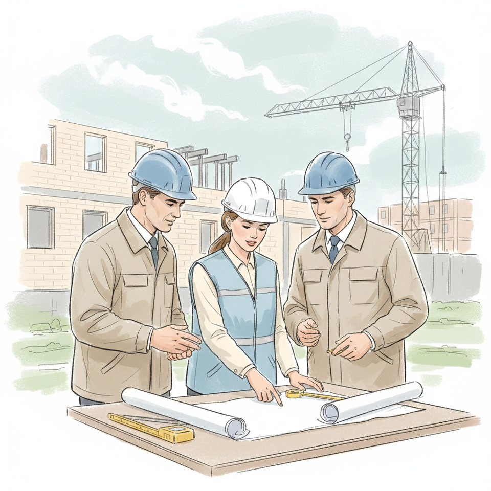 Бригада квалифицированных строителей в защитных касках и спецодежде обсуждает план работ на строительной площадке; пример поиска надежных сотрудников для реализации строительных и производственных проектов.