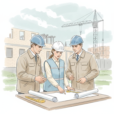 Бригада квалифицированных строителей в защитных касках и спецодежде обсуждает план работ на строительной площадке; пример поиска надежных сотрудников для реализации строительных и производственных проектов.