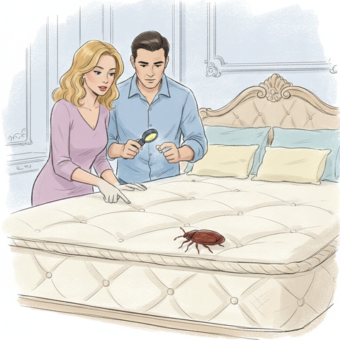 Постельный клоп на шве матраса в спальне — визуальная идентификация домашнего паразита при проверке купленной недвижимости на вторичном рынке.