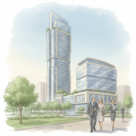 Современный жилой комплекс и бизнес-центр, символизирующие надежность организации, прошедшей государственную аккредитацию для получения налоговых льгот и доверия клиентов.