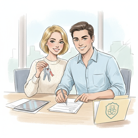 Счастливая молодая пара с ключами от новой квартиры изучает документы, обеспечивая защиту права собственности через титульное страхование недвижимости.