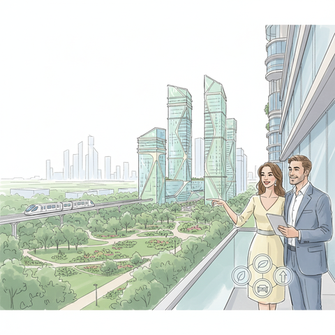 Современные жилые комплексы и зеленые районы Москвы, символизирующие выбор идеальной квартиры в мегаполисе по критериям экологии, транспортной доступности и инвестиционной привлекательности.