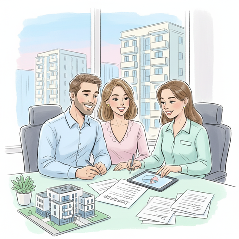 Счастливая пара подписывает ипотечный договор в офисе банка, обсуждая первоначальный взнос для покупки новой квартиры в современном жилом комплексе.
