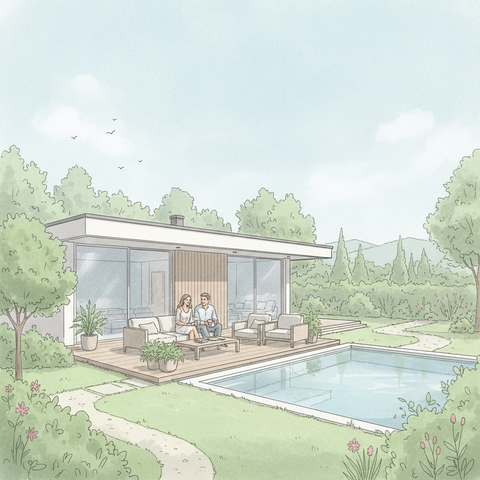 Современный частный дом с уютной террасой в окружении зеленого сада: пример реализации мечты о строительстве загородного жилья с нуля для комфортной жизни на природе.