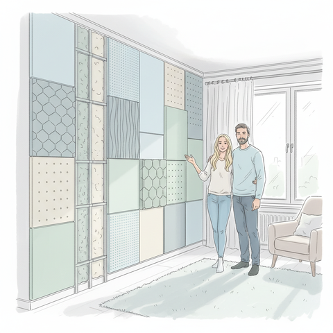 Современные звукоизоляционные материалы и панели, смонтированные на стене в квартире для защиты от шума соседей и обеспечения акустического комфорта в помещении.