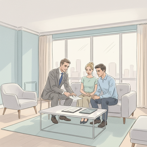 Опытный риэлтор консультирует молодую пару в новой квартире, обсуждая детали сделки и проверяя документы на недвижимость.