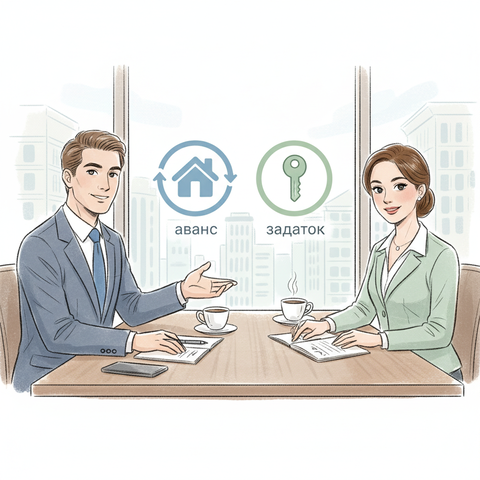 Покупатель и продавец обсуждают условия предварительного договора и внесение платежа за квартиру, символизируя выбор между авансом и задатком при покупке недвижимости.