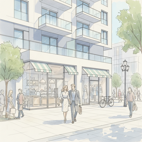 Современный стрит-ритейл на первом этаже жилого дома: вход в магазин и кафе с большими витринами на оживленной пешеходной улице города.