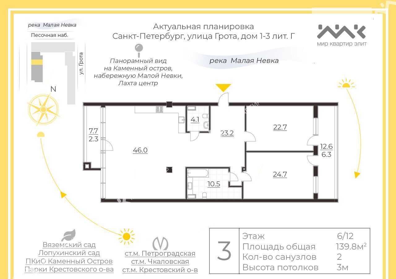 квартира г Санкт-Петербург метро Чкаловская ул Грота 1/3г округ Чкаловское фото 22