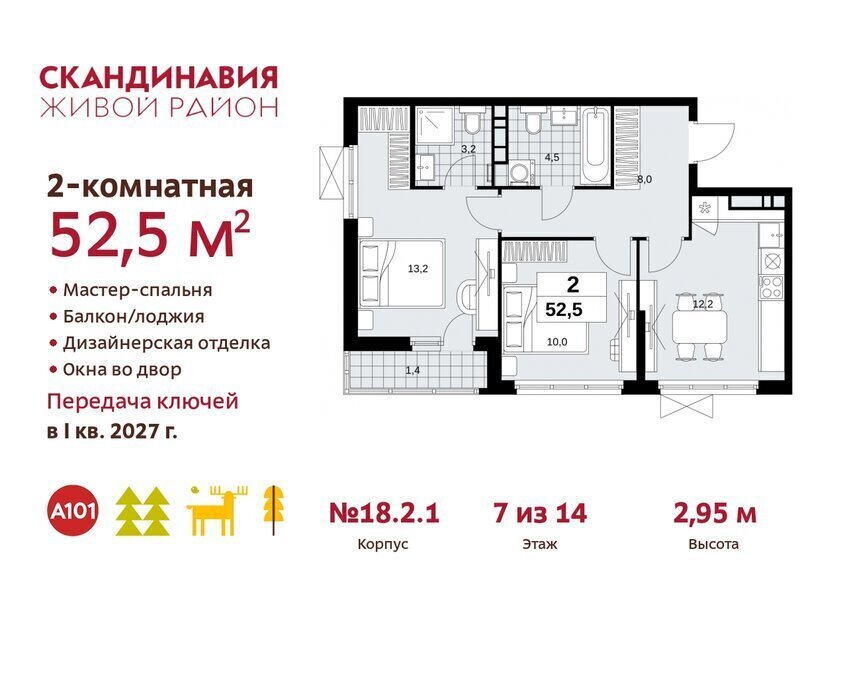 квартира г Москва метро Коммунарка метро Бунинская аллея ТиНАО жилой комплекс Скандинавия, 18. 2.2 фото 1