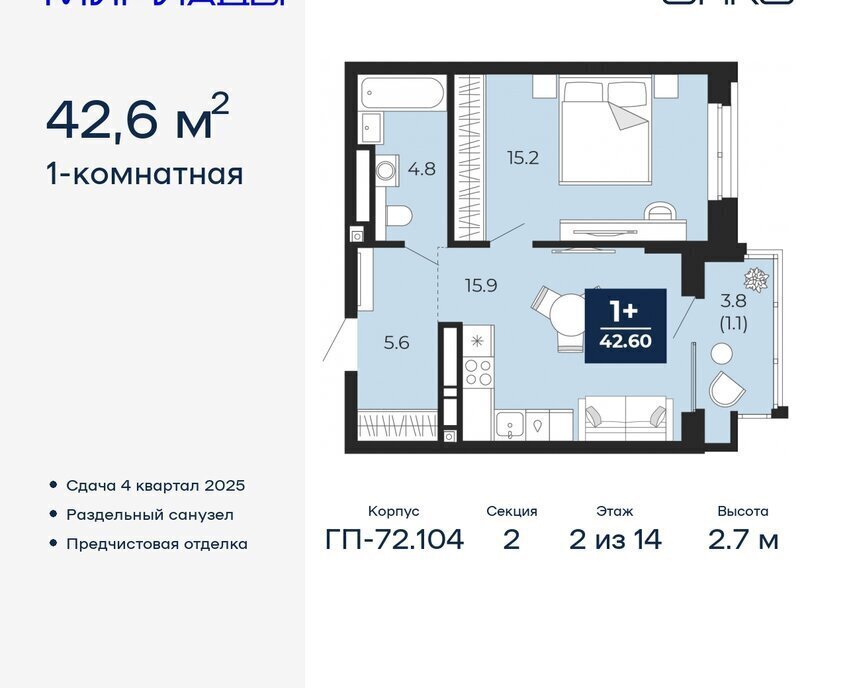 квартира г Тюмень ЖК «Мириады» Ленинский административный округ фото 1