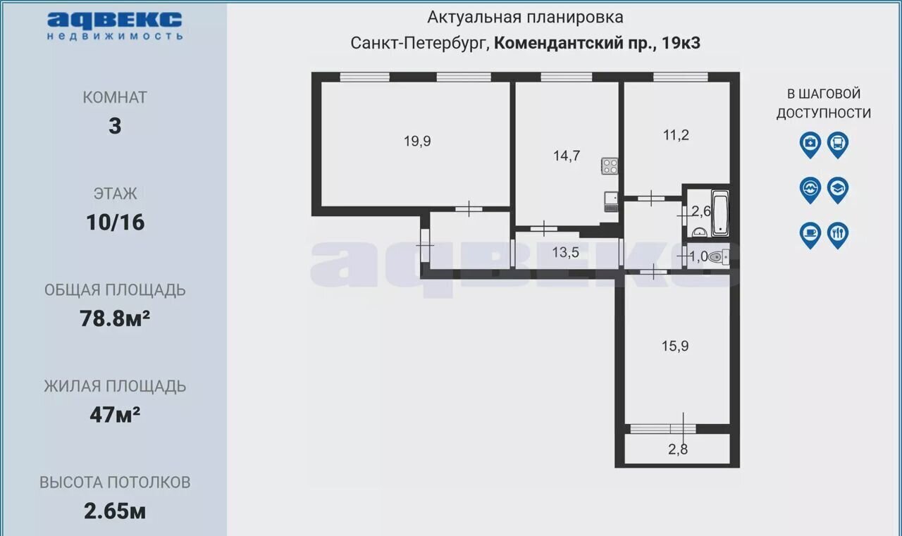 квартира г Санкт-Петербург метро Комендантский Проспект пр-кт Комендантский 19к/3 фото 2