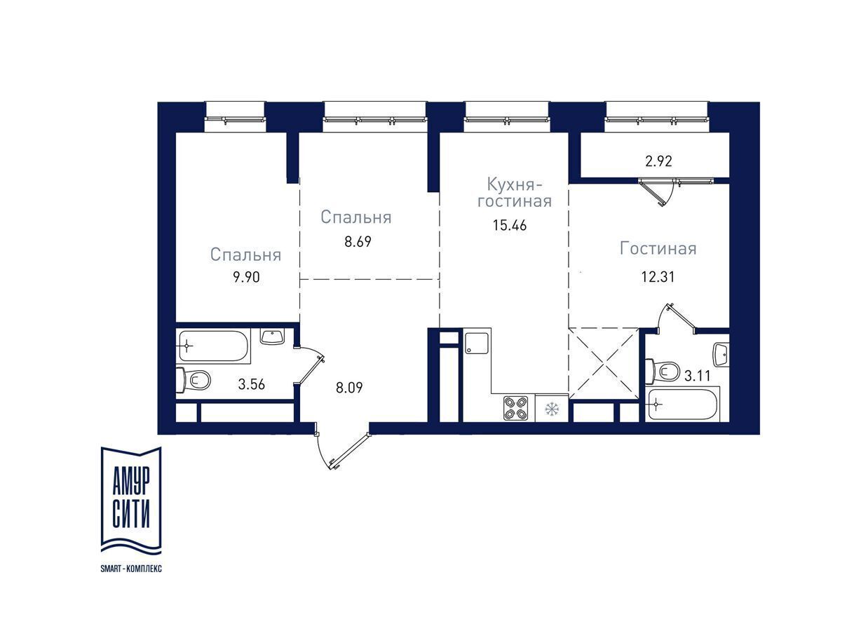 квартира г Благовещенск ЖК «Амур Сити» кв-л 605, блок-секция 1 фото 1