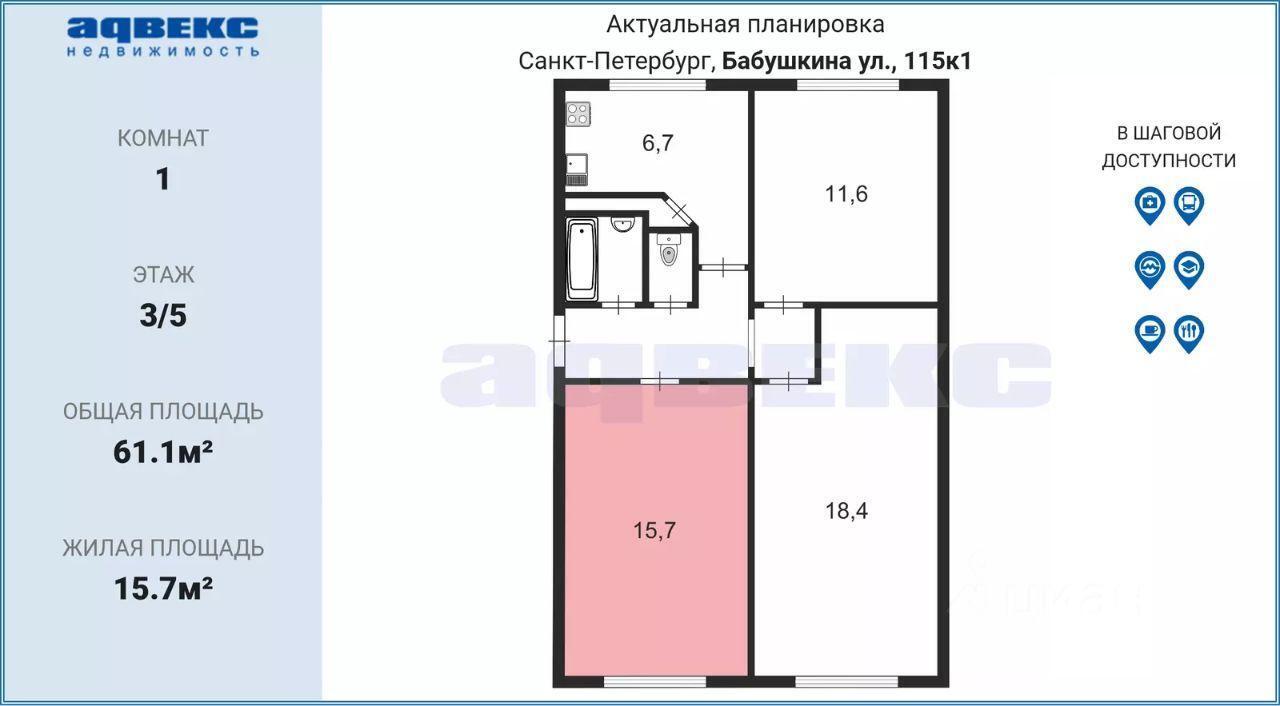 комната г Санкт-Петербург р-н Невский Александровское ул Бабушкина 115 к 1 лит Г, Ленинградская область фото 2