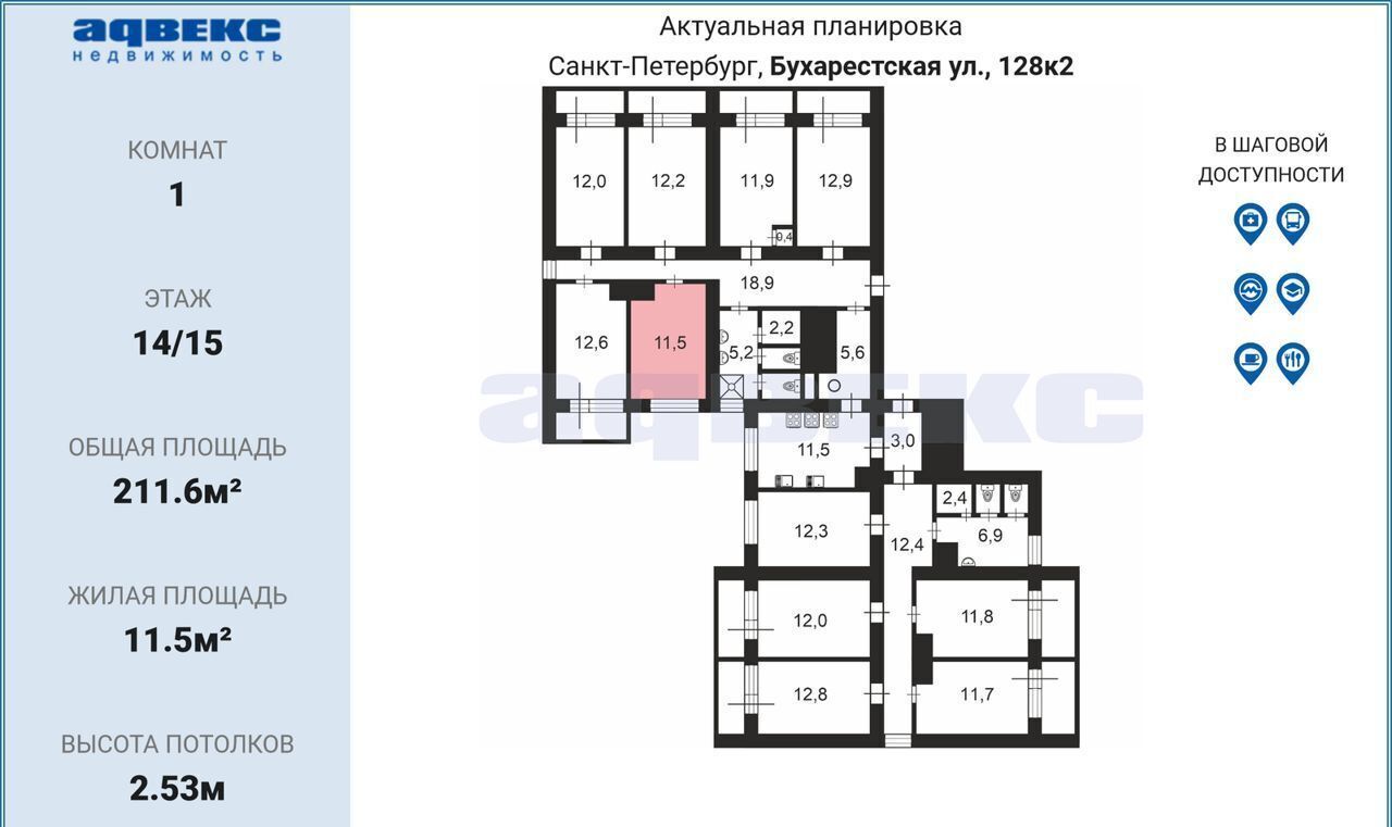 комната г Санкт-Петербург ул Бухарестская 128к/2 Дунайская фото 2