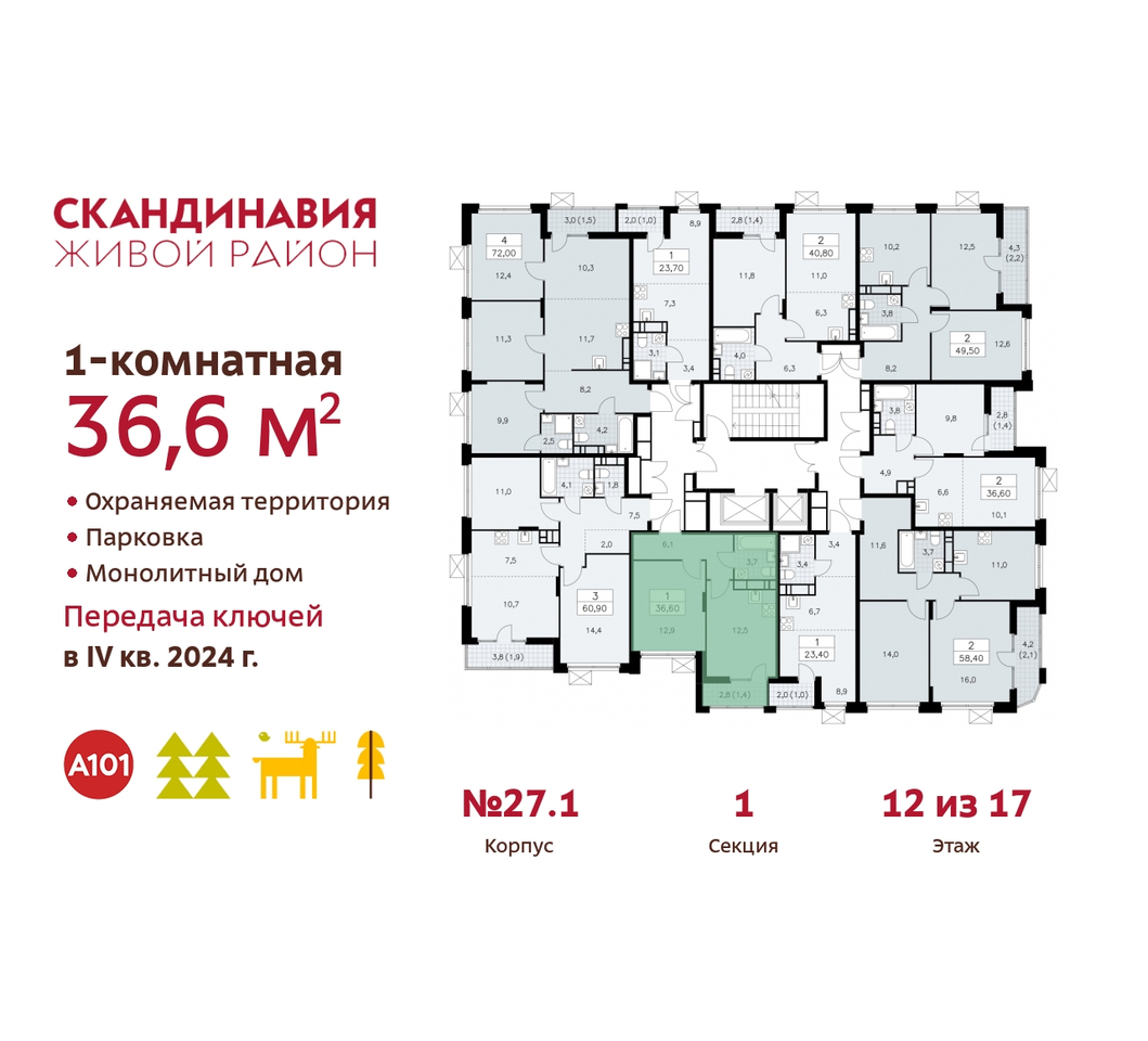 квартира г Москва п Сосенское жилой район «Скандинавия» Сосенское, жилой комплекс Скандинавия, к 27. 1, Бутово фото 2