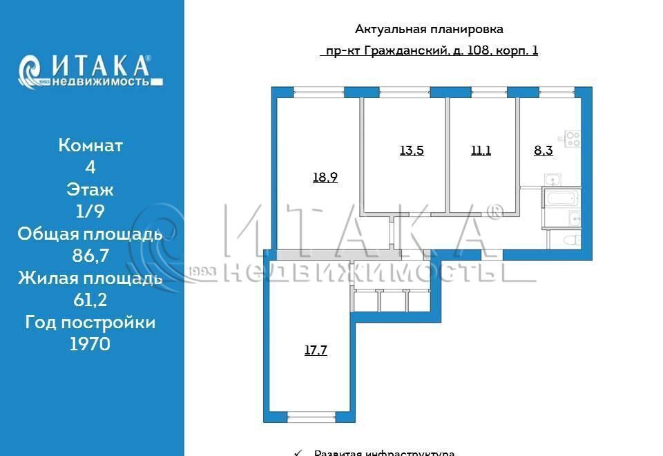 квартира г Санкт-Петербург метро Гражданский Проспект пр-кт Гражданский 108к/1 фото 9