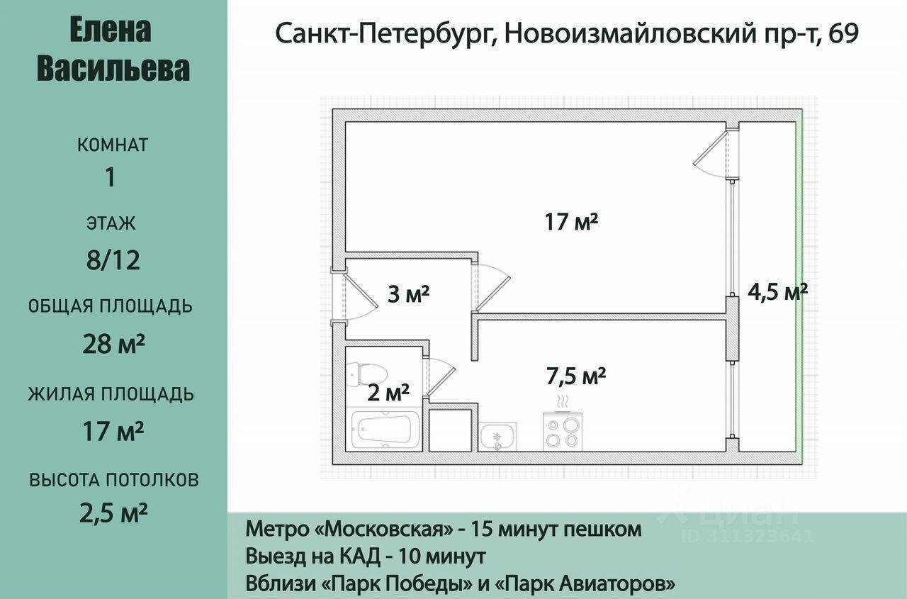 квартира г Санкт-Петербург р-н Московский пр-кт Новоизмайловский 69 округ Новоизмайловское, Ленинградская область фото 1