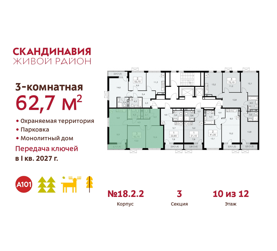 квартира г Москва п Сосенское жилой район «Скандинавия» Сосенское, жилой комплекс Скандинавия, 18. 2.2, Бутово фото 2