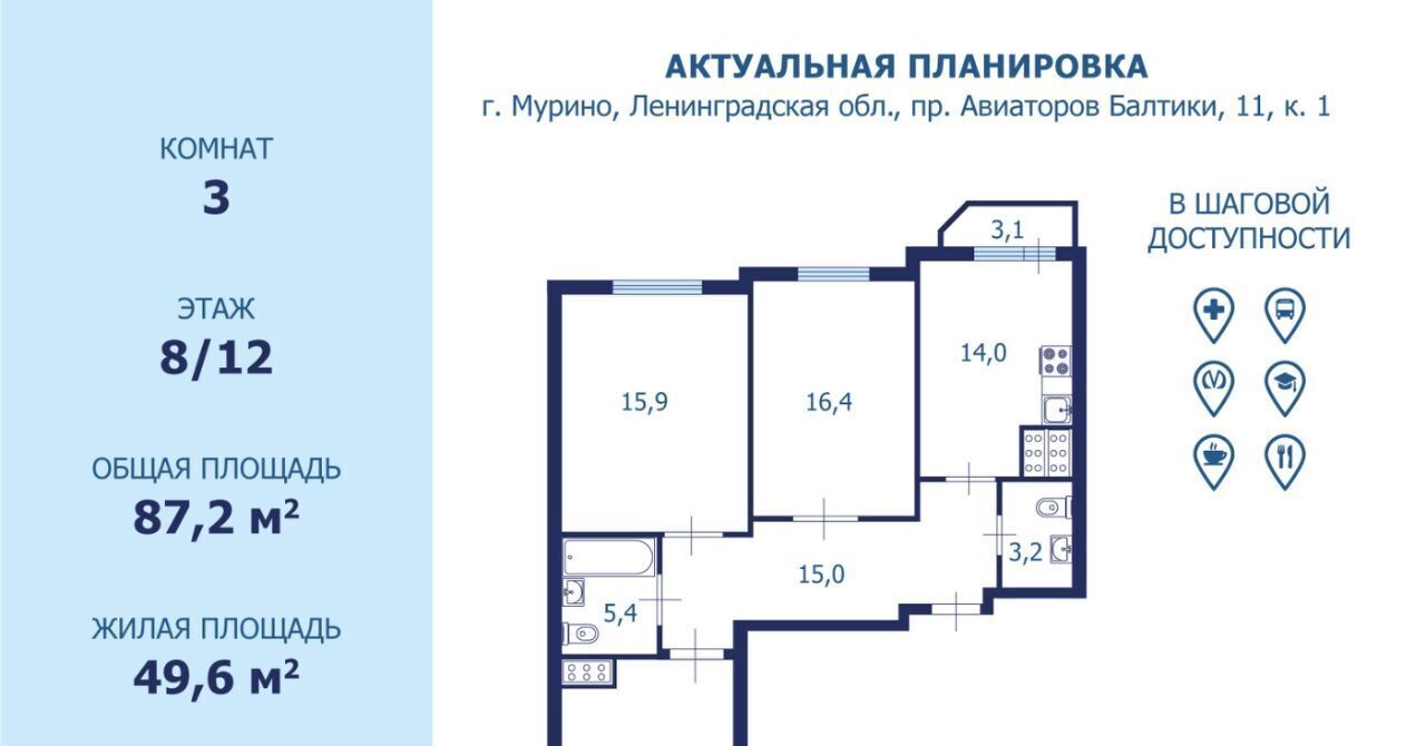 квартира р-н Всеволожский г Мурино пр-кт Авиаторов Балтики 11/1 ЖК «Три кита» Муринское городское поселение фото 3