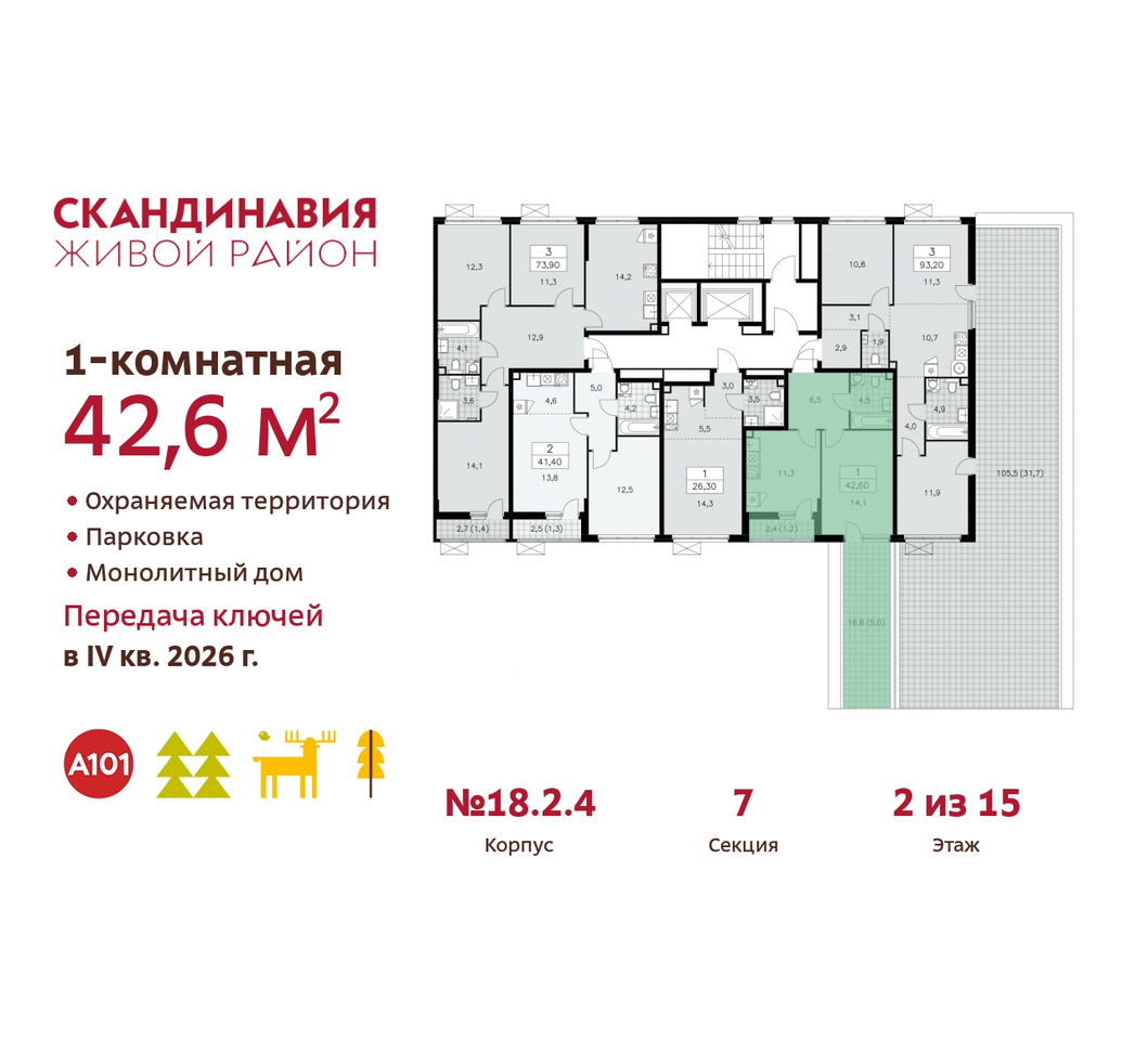 квартира г Москва п Сосенское жилой район «Скандинавия» Сосенское, жилой комплекс Скандинавия, 18. 2.4, Бутово фото 2