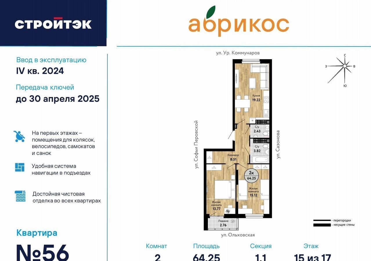 квартира г Екатеринбург р-н Железнодорожный Уральская ул Софьи Перовской 104 ЖК «Абрикос» фото 2