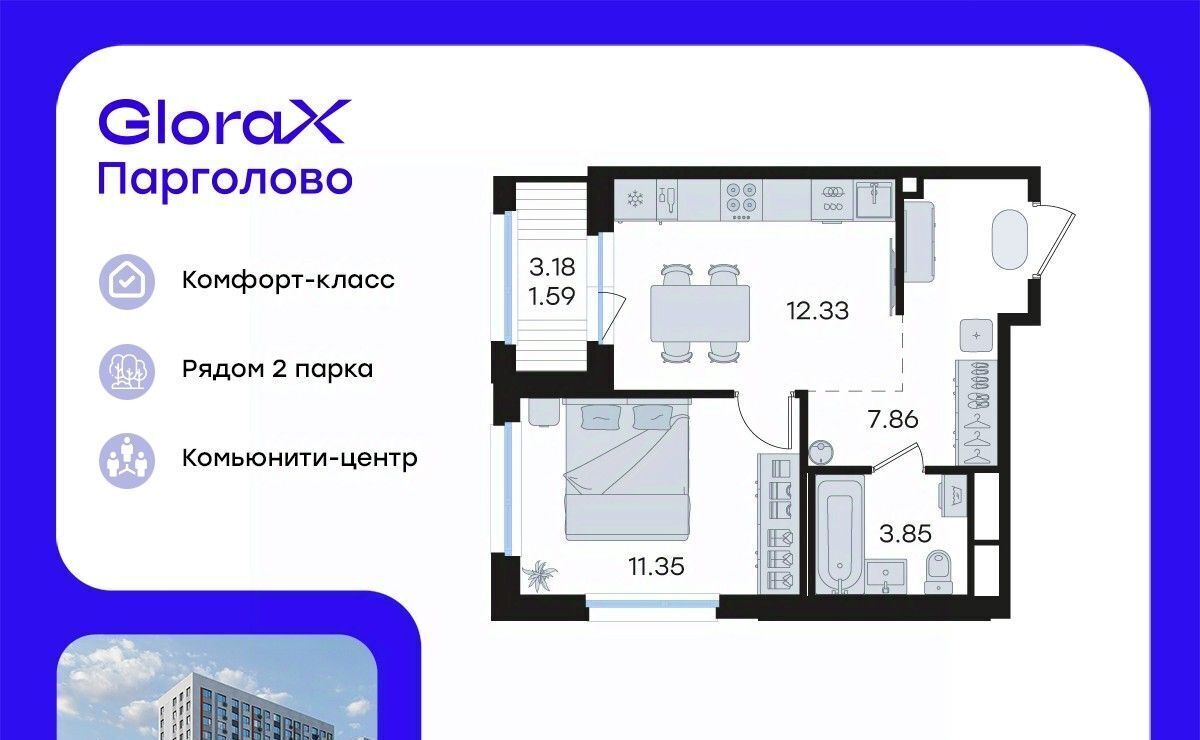 квартира г Санкт-Петербург п Парголово р-н Выборгский Глоракс Парголово жилой комплекс фото 1