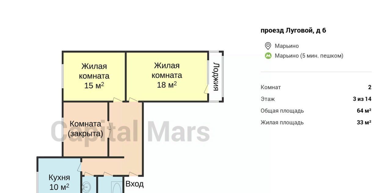 квартира г Москва метро Марьино проезд Луговой 6 муниципальный округ Марьино фото 3