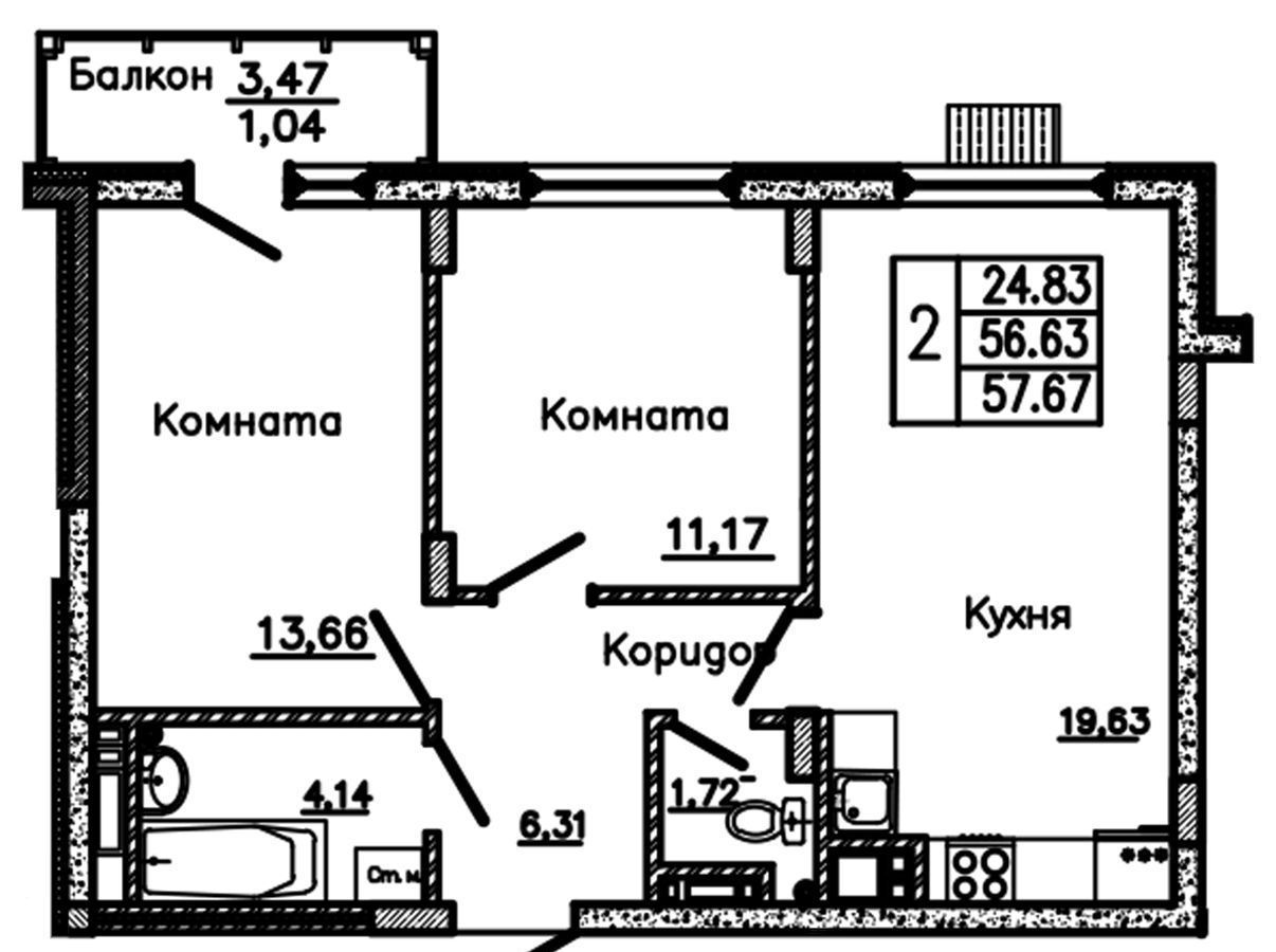 квартира г Старый Оскол пр-кт Алексея Угарова 12а блок-секция 3-6 фото 2